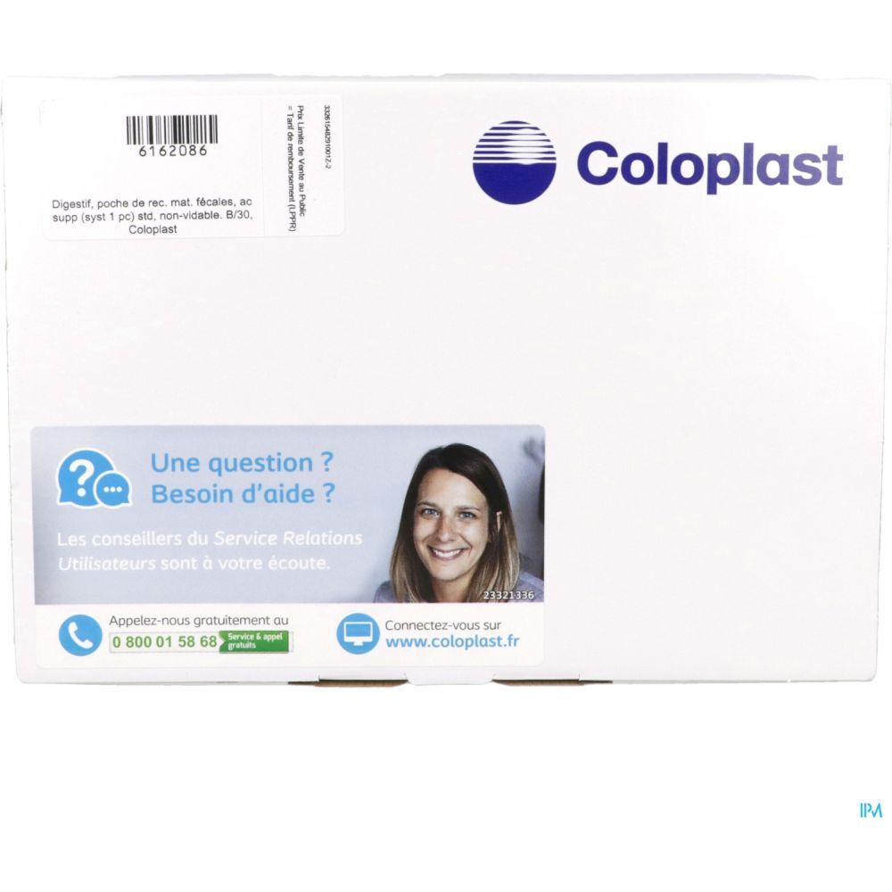Emballage avec logo Coloplast et impression. Contient des informations et des coordonnées.