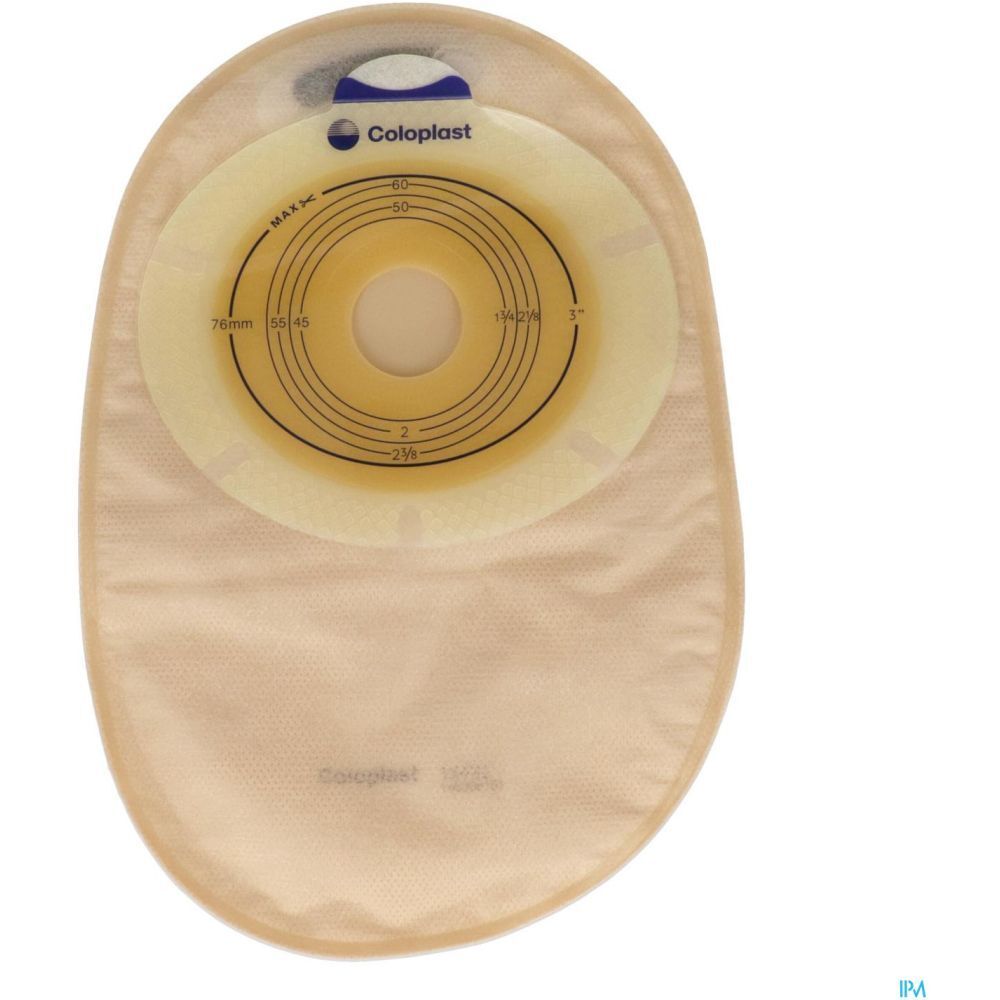 Poche fermée avec filtre intégré et plaque adhésive. Marque Coloplast. Beige et transparente.