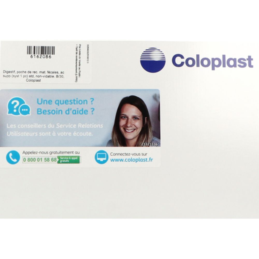 Emballage blanc avec logo Coloplast. Autocollant avec coordonnées et photo d'une femme. Texte : Une question ? Besoin d'aide ?
