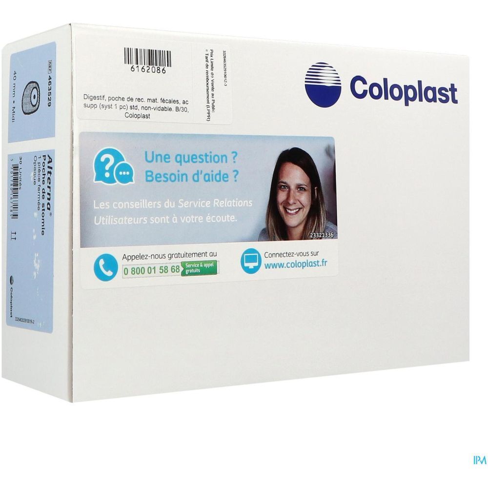 Boîte blanche avec logo Coloplast. Autocollant avec coordonnées et photo d'une femme. Texte : Une question ? Besoin d'aide ? Alterna.