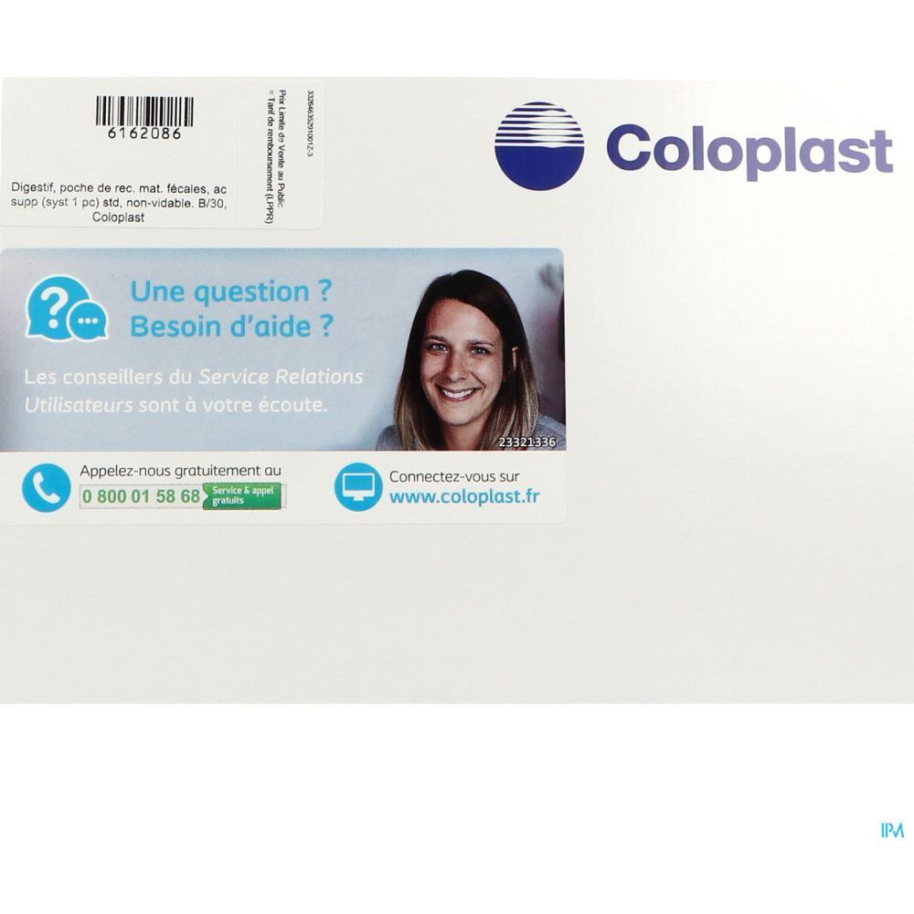 Emballage blanc avec logo Coloplast. Autocollant avec coordonnées et photo d'une femme. Texte : Une question ? Besoin d'aide ?