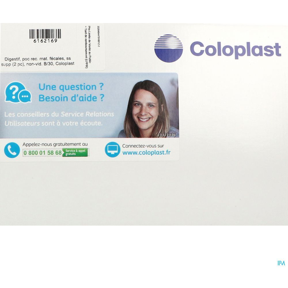 Logo Coloplast. Autocollant avec informations de contact et slogan "Une question ? Besoin d'aide ?".