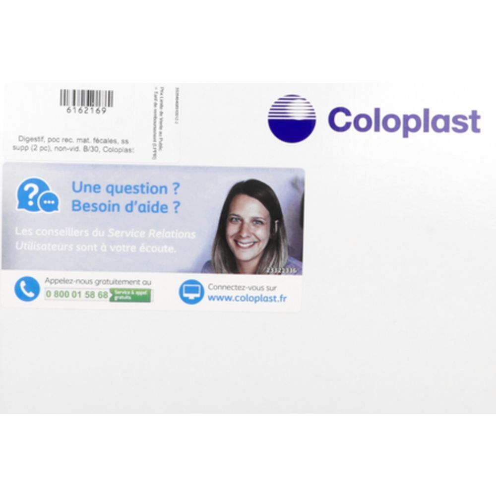 Emballage Coloplast avec logo et informations de contact. Comprend une section question/aide avec une photo.