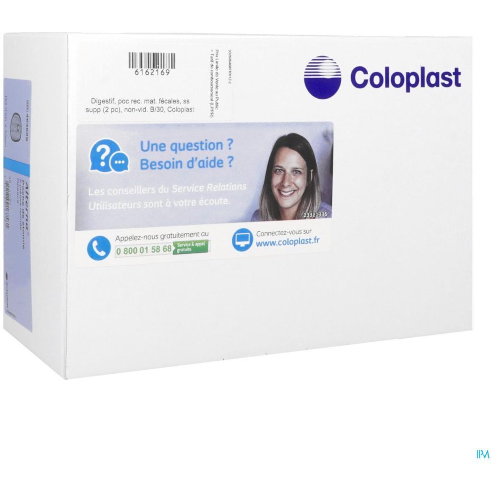 Emballage Coloplast avec logo et informations de contact. Comprend une section question/aide avec une photo.