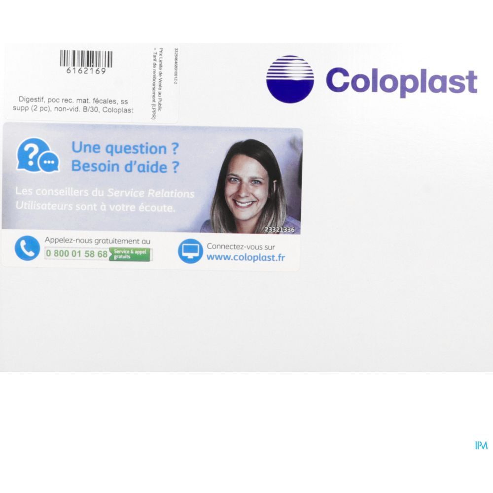 Emballage Coloplast avec logo et informations de contact. Comprend une section question/aide avec une photo.