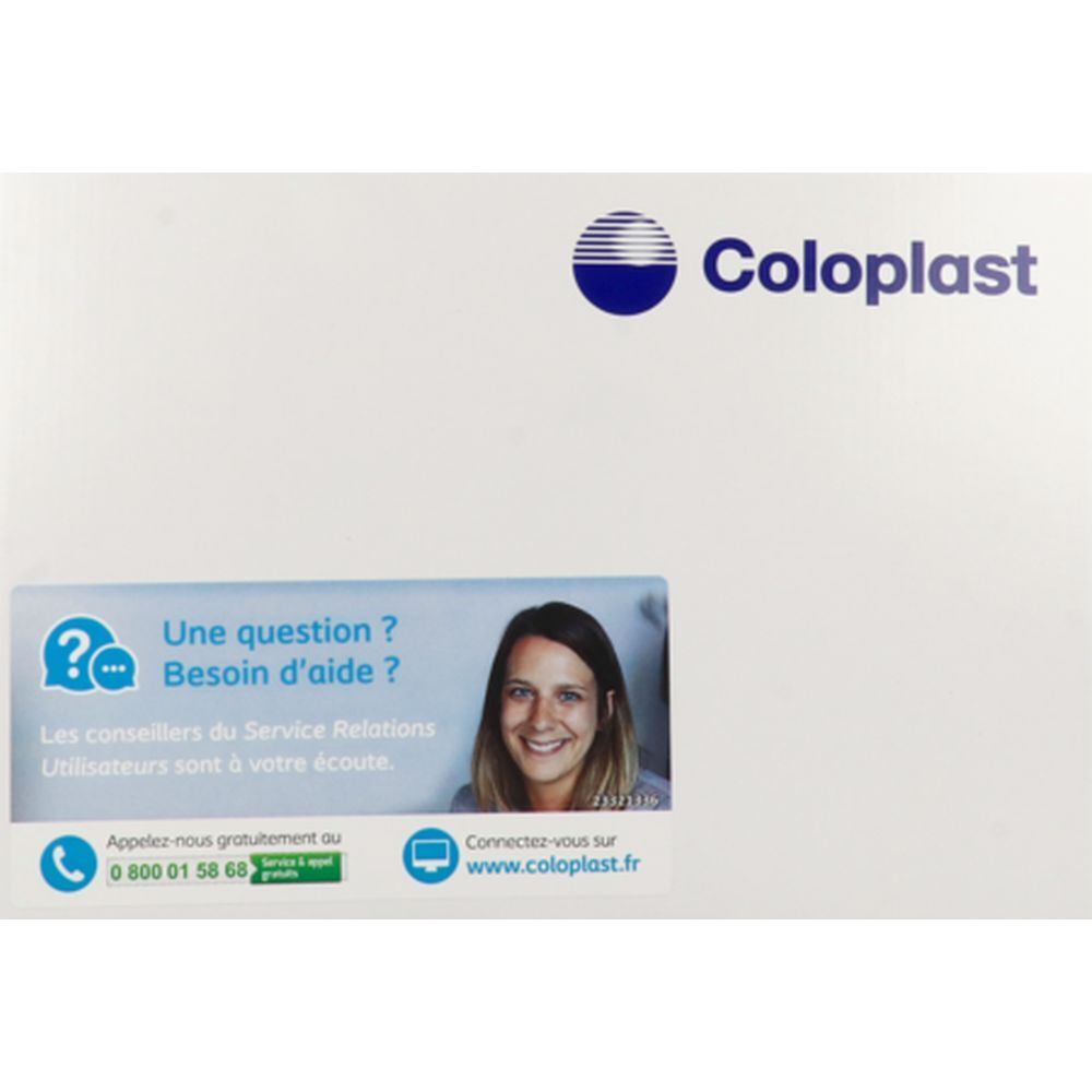 Emballage blanc avec logo Coloplast et informations de contact. Un autocollant montre un visage souriant et des informations de contact.