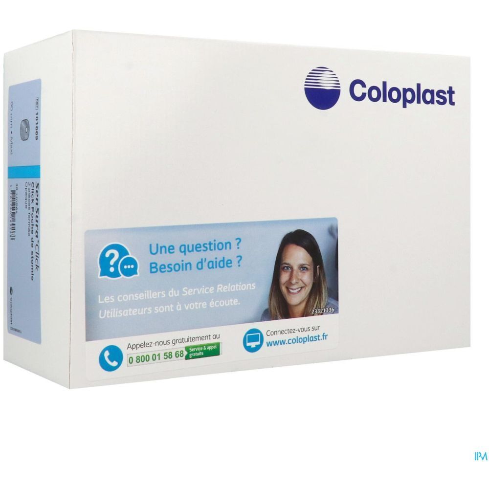 Emballage blanc avec logo Coloplast et nom du produit. Autocollant avec coordonnées et visage souriant.