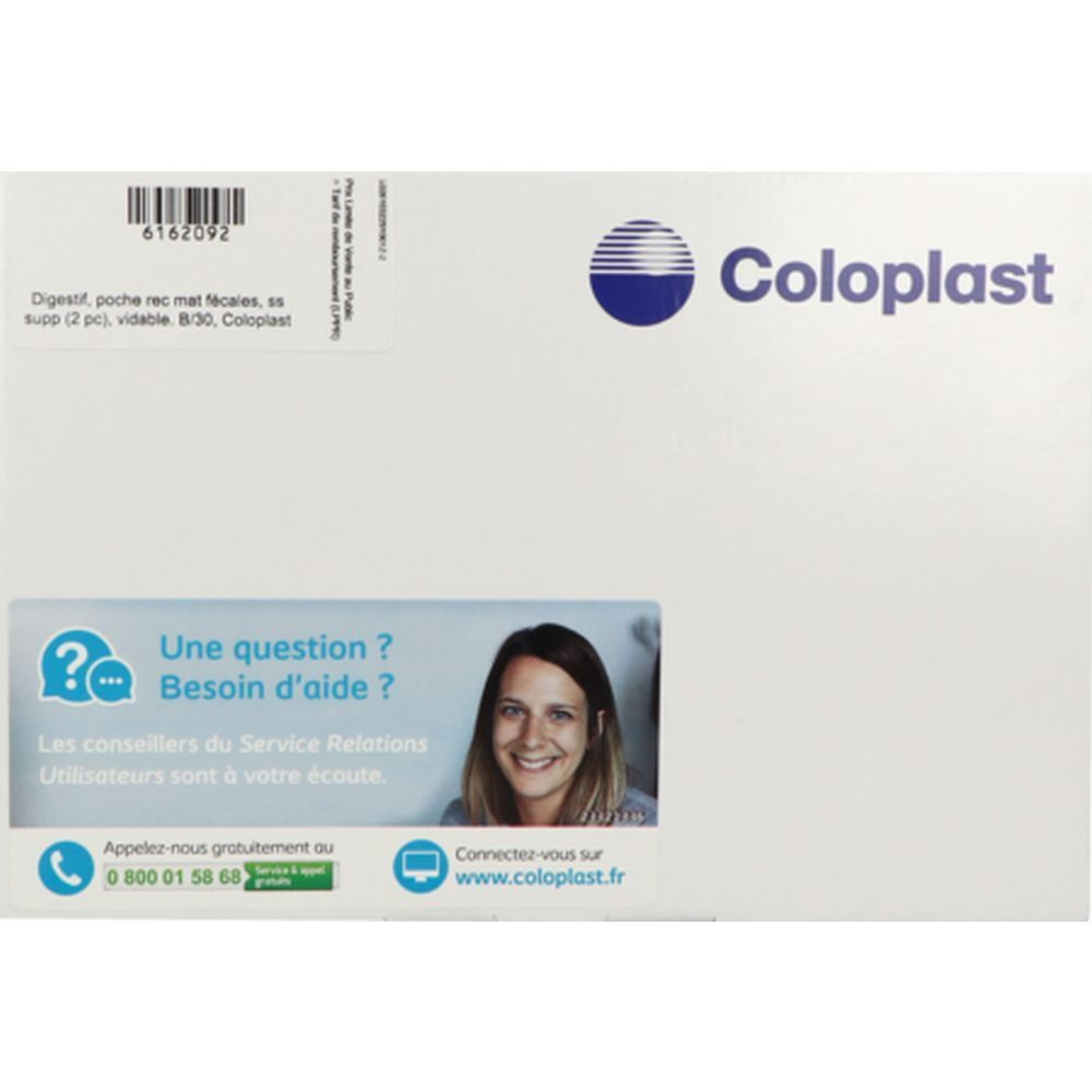 Emballage Coloplast. Texte: Digest, poche rec mat fecales, ss supp (2 pc), vidable. B30, Coloplast. Informations de contact.