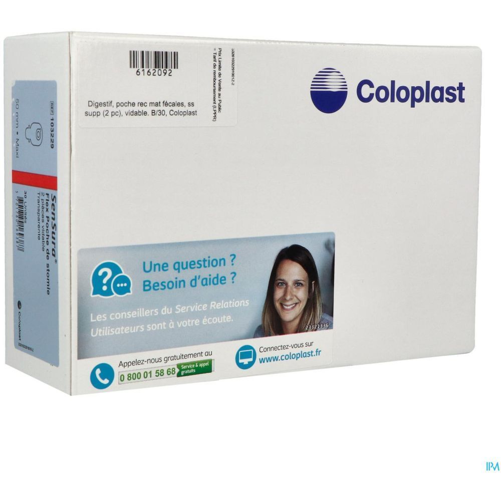 Emballage Coloplast. Texte: Digest, poche rec mat fecales, ss supp (2 pc), vidable. B30, Coloplast. Informations de contact. Nom du produit: Sensura Flex Poche de stomie.