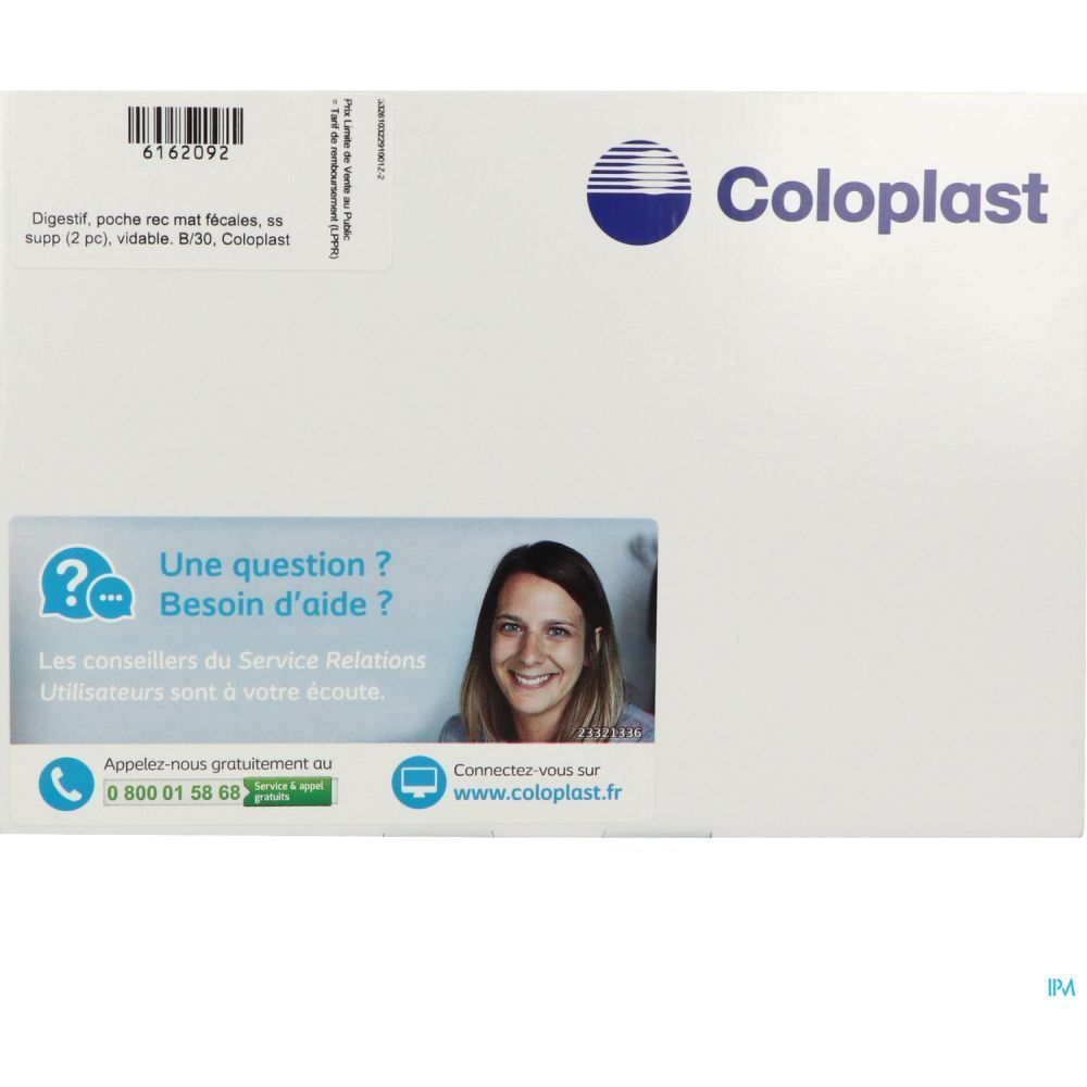 Emballage Coloplast. Texte: Digest, poche rec mat fecales, ss supp (2 pc), vidable. B30, Coloplast. Informations de contact.
