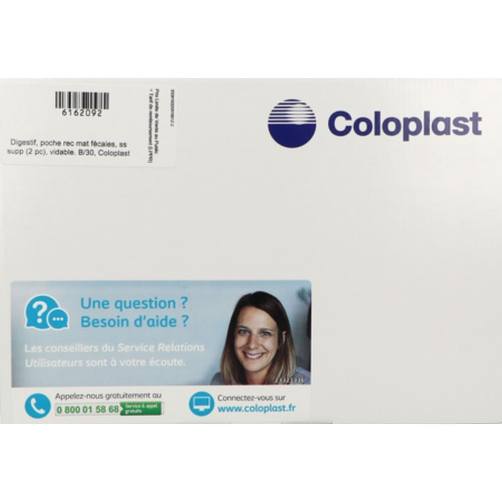 Emballage blanc Coloplast. Texte: Digestif, poche rec mat fécales, ss supp (2 pc), vidable. 8/30, Coloplast. Informations de contact.