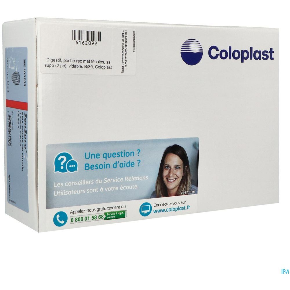 Emballage blanc Coloplast. Texte: Digestif, poche rec mat fécales, ss supp (2 pc), vidable. 8/30, Coloplast. Informations de contact.