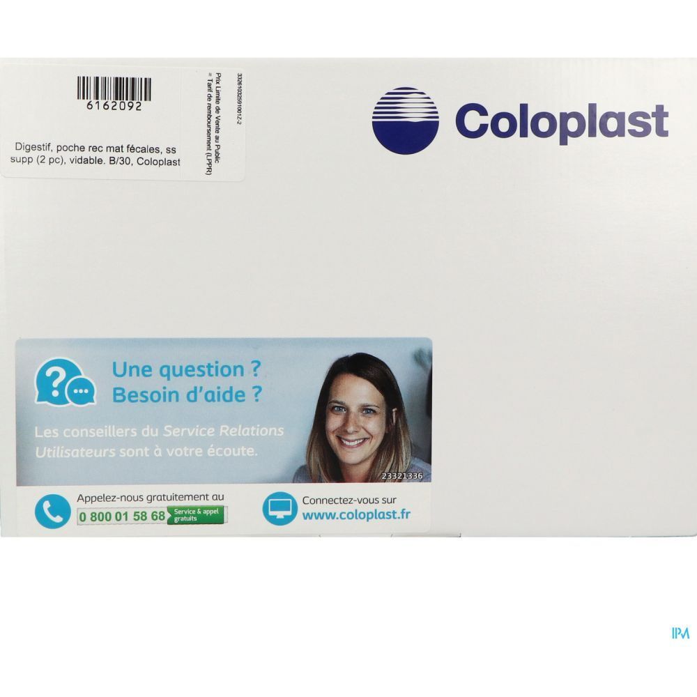 Emballage blanc Coloplast. Texte: Digestif, poche rec mat fécales, ss supp (2 pc), vidable. 8/30, Coloplast. Informations de contact.