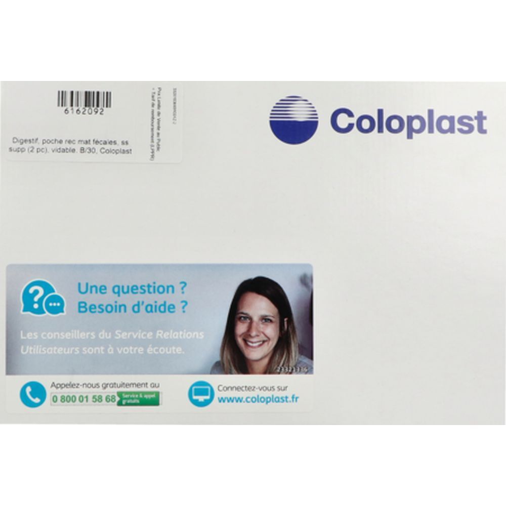 Emballage blanc Coloplast. Logo bleu, texte et image d'une femme. Informations de contact et code-barres.