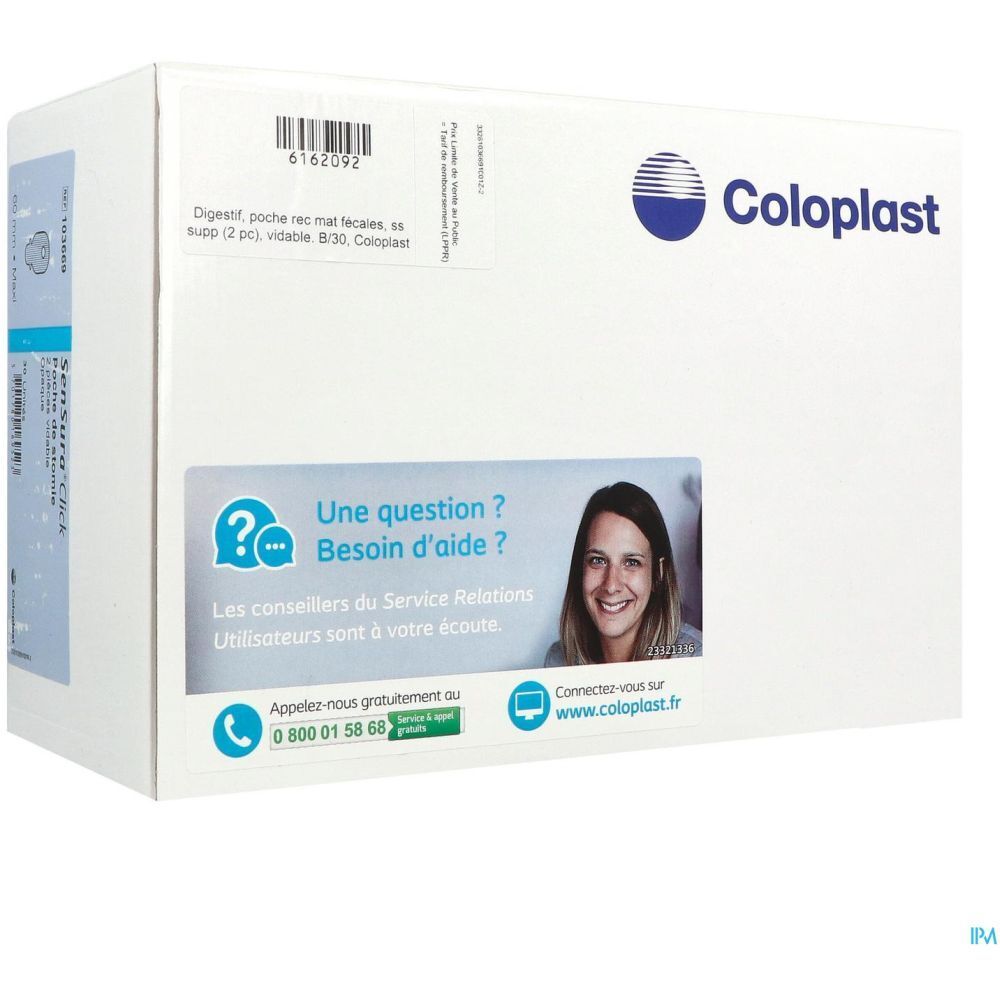 Boîte blanche Coloplast. Logo, texte et image d'une femme. Informations de contact et code-barres.