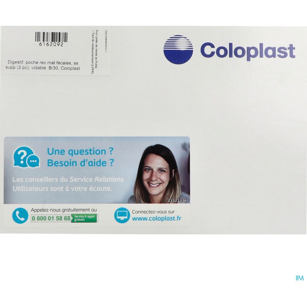 Emballage blanc Coloplast. Logo bleu, texte et image d'une femme. Informations de contact et code-barres.
