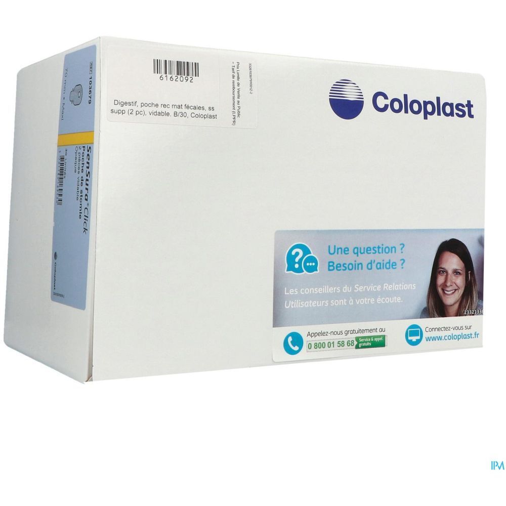 Emballage blanc Coloplast, logo, autocollants avec texte et coordonnées. Vue en perspective.