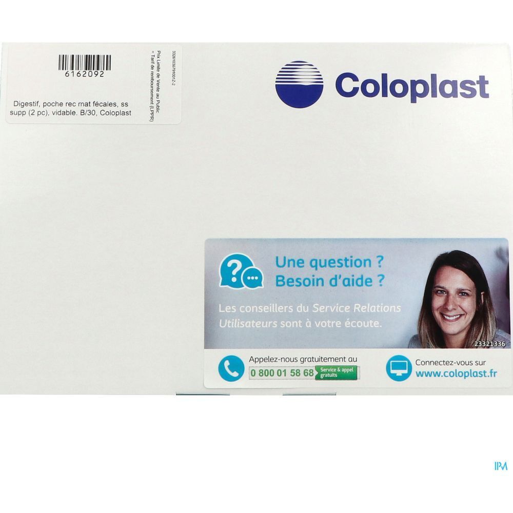 Emballage blanc Coloplast. Autocollants avec logo, texte "Une question ? Besoin d'aide ?" et coordonnées.