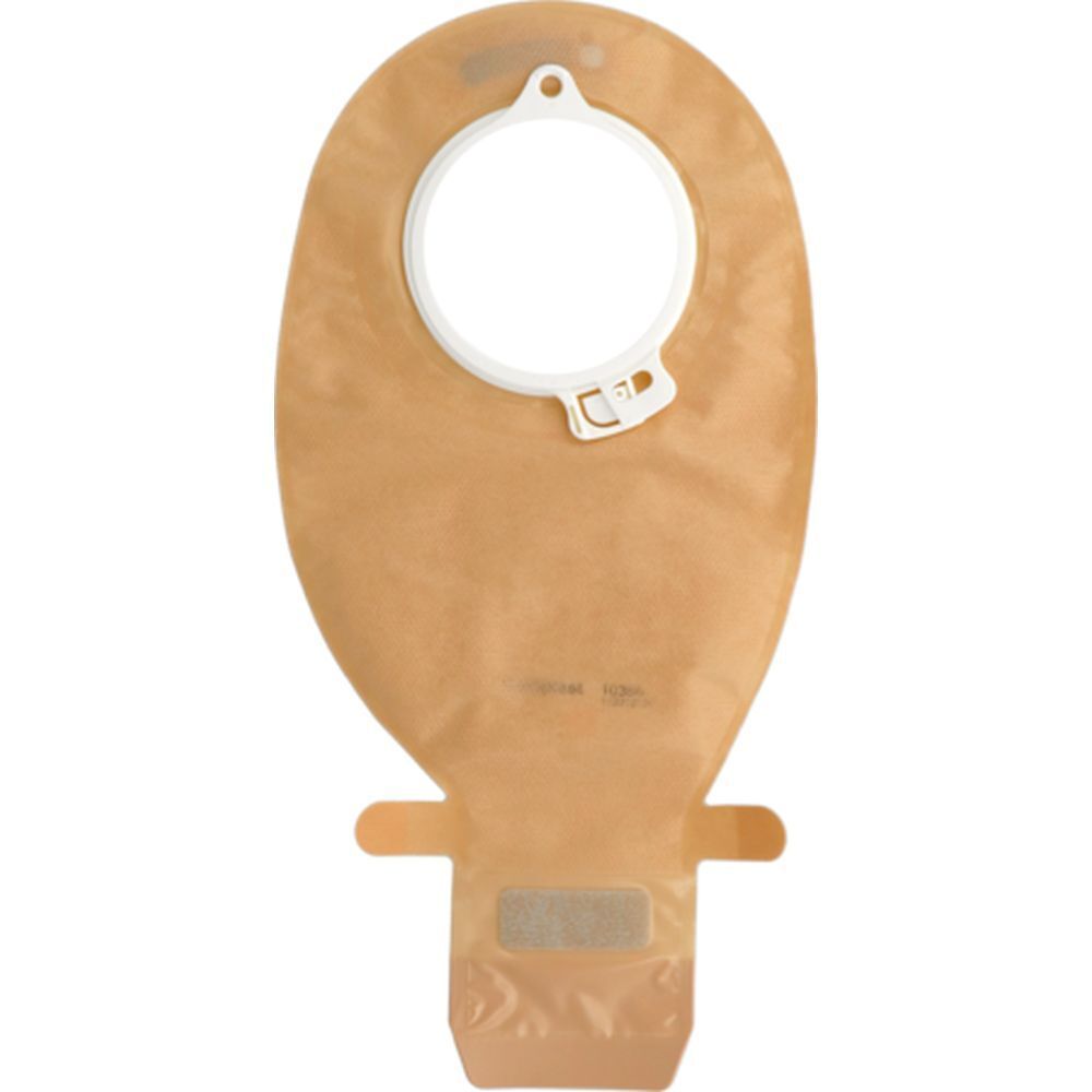 Poche transparente avec anneau blanc et fermeture. Couleur marron. Usage médical.