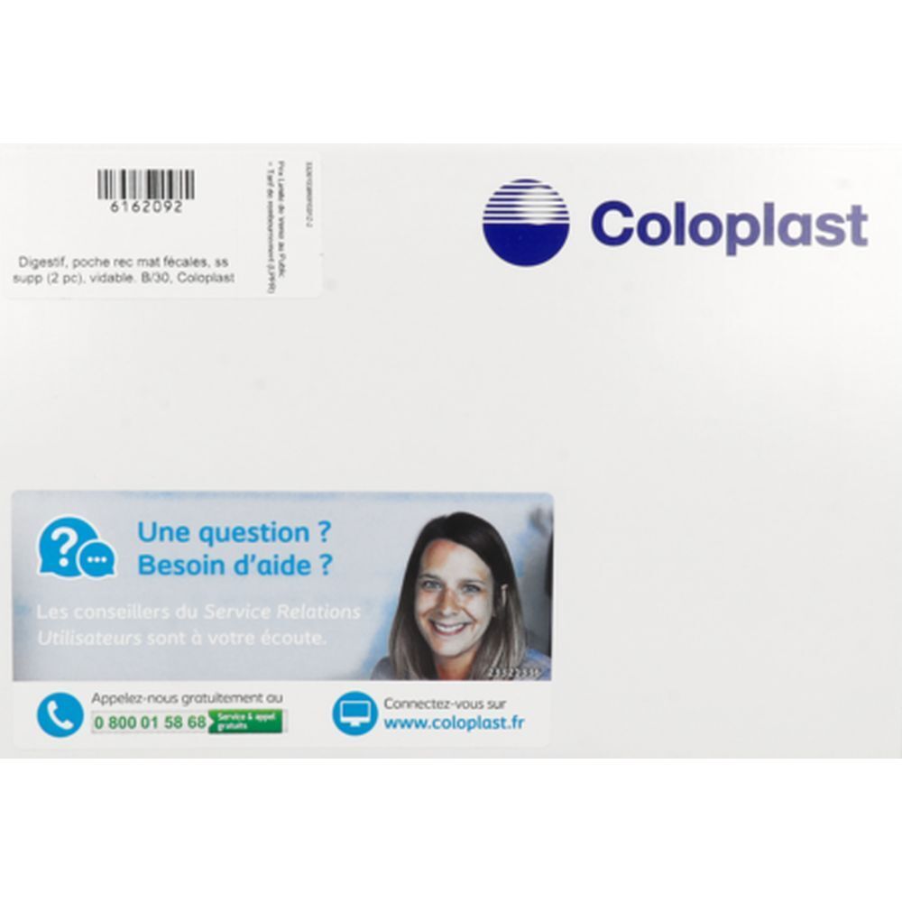 Emballage blanc avec logo Coloplast et texte. Contient des informations sur le produit et des coordonnées.