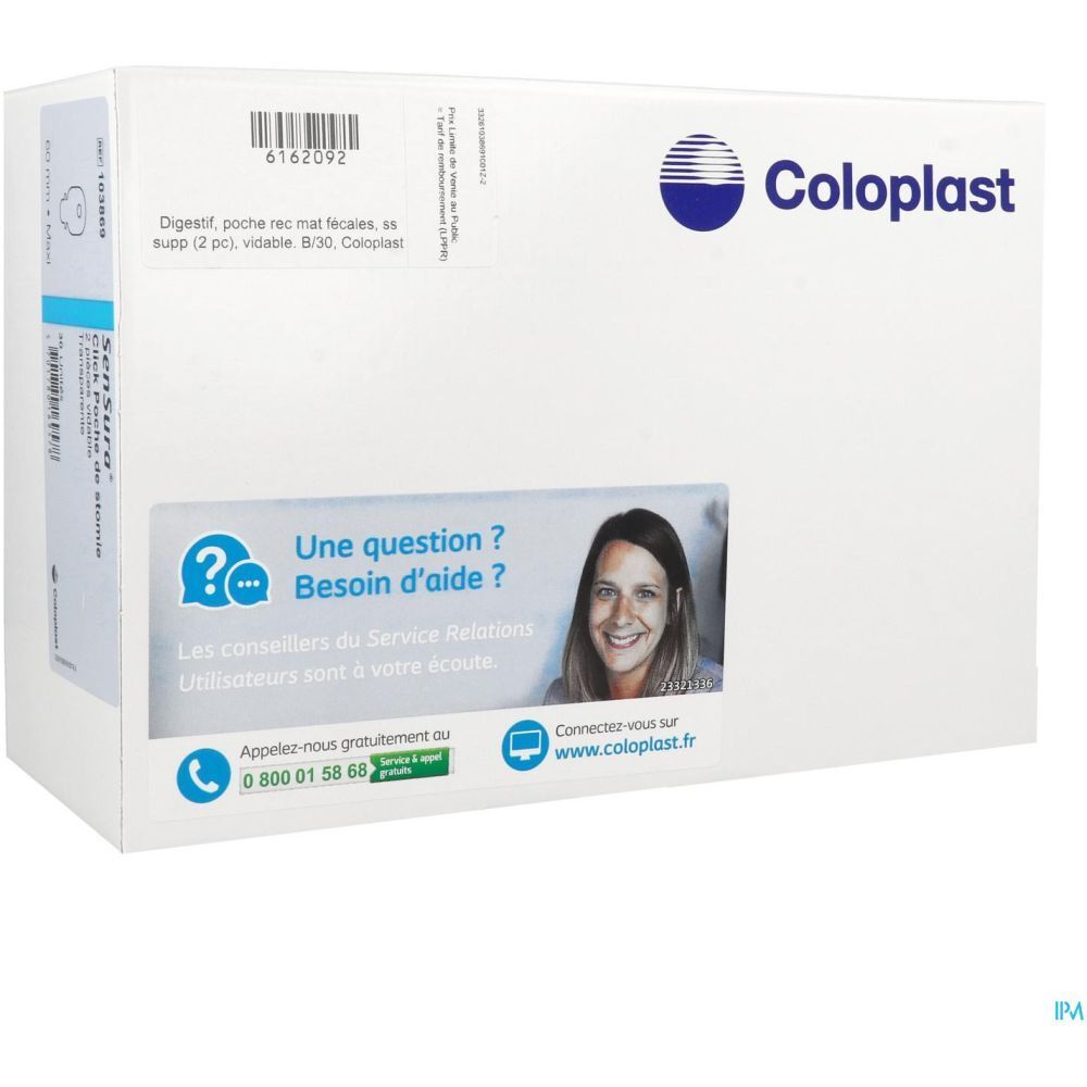 Emballage blanc avec logo Coloplast. Contient des informations sur le produit et des coordonnées. Vue de la boîte.