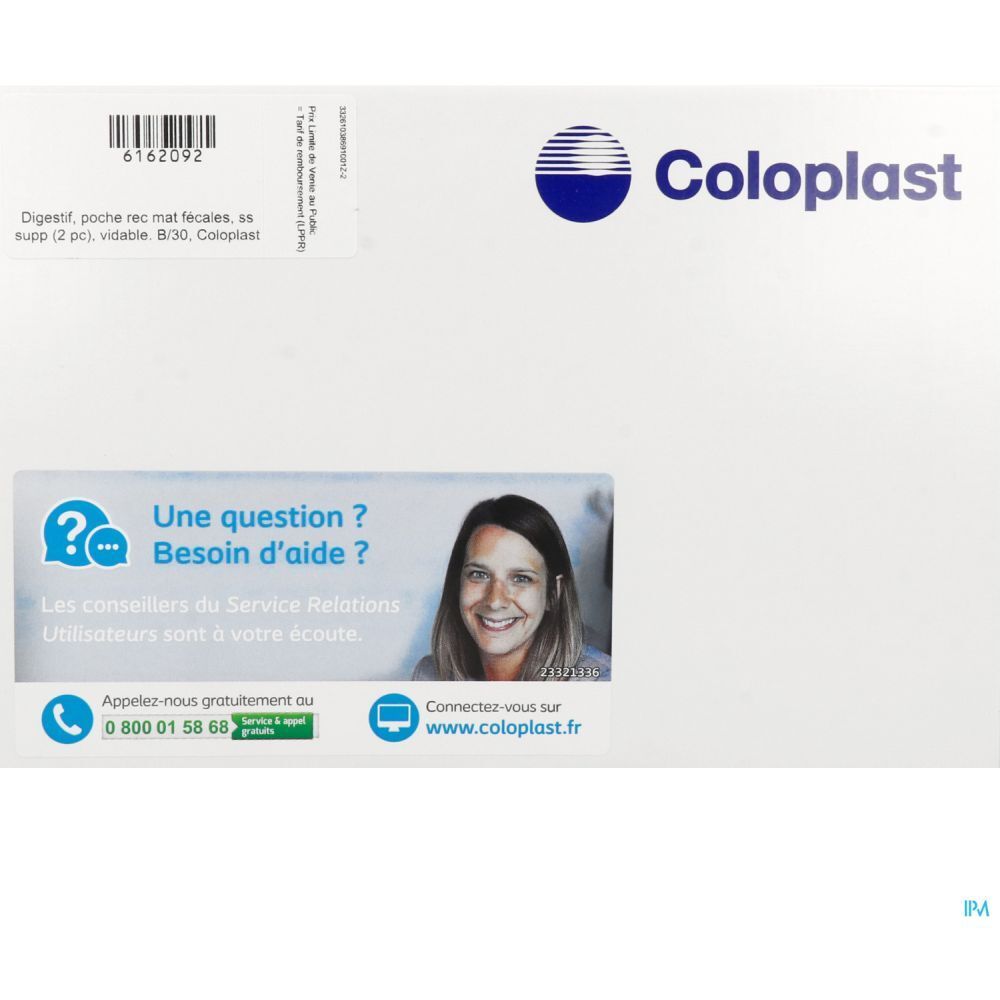 Emballage blanc avec logo Coloplast. Contient des informations sur le produit et des coordonnées. Vue de la boîte.