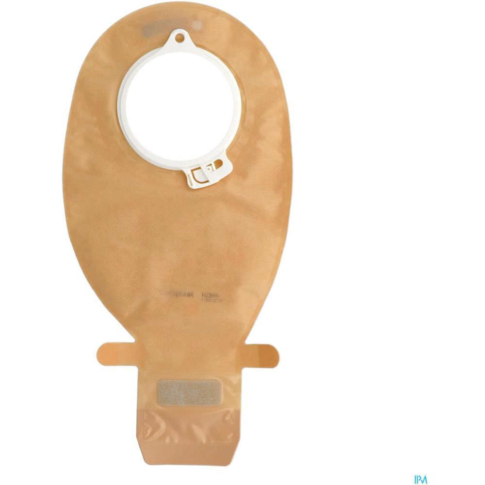 Poche transparente avec anneau blanc et fermeture. Couleur marron. Usage médical.