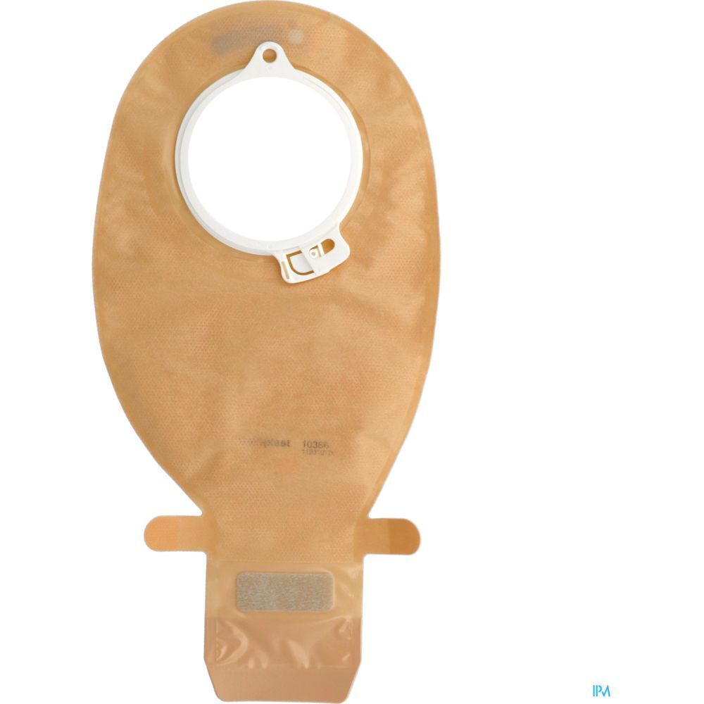 Poche transparente avec anneau blanc et fermeture. Couleur marron. Usage médical.