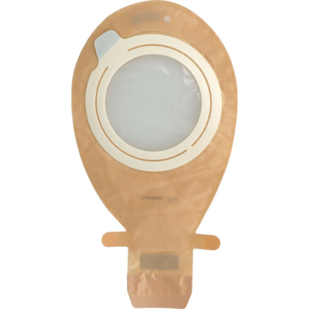 Poche médicale beige et transparente, avec anneau blanc et fermeture. Ouverture visible.