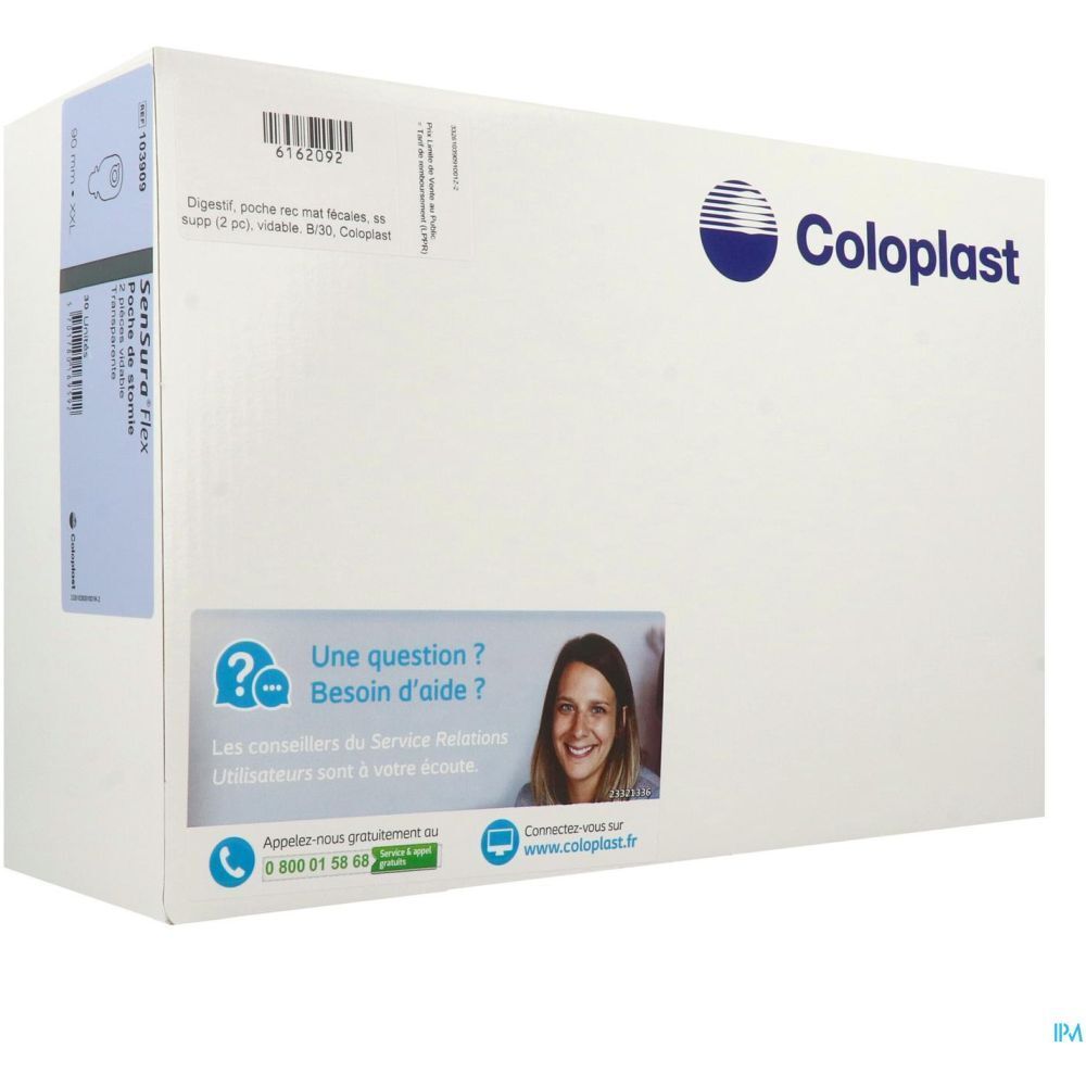 Emballage Coloplast avec "SENSURA FLEX". Logo, coordonnées et texte: "Une question ? Besoin d'aide ?".