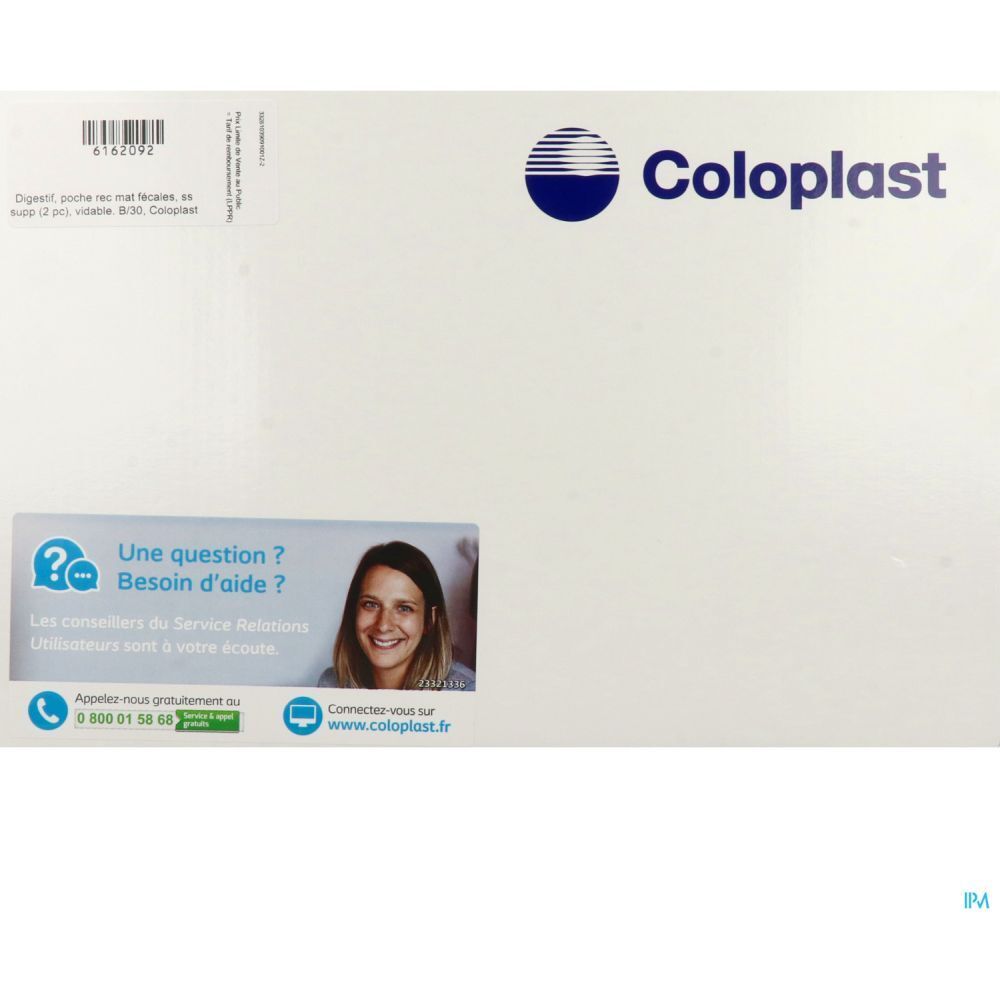 Emballage Coloplast. Logo et coordonnées. Texte: "Une question ? Besoin d'aide ?" et numéro de téléphone.