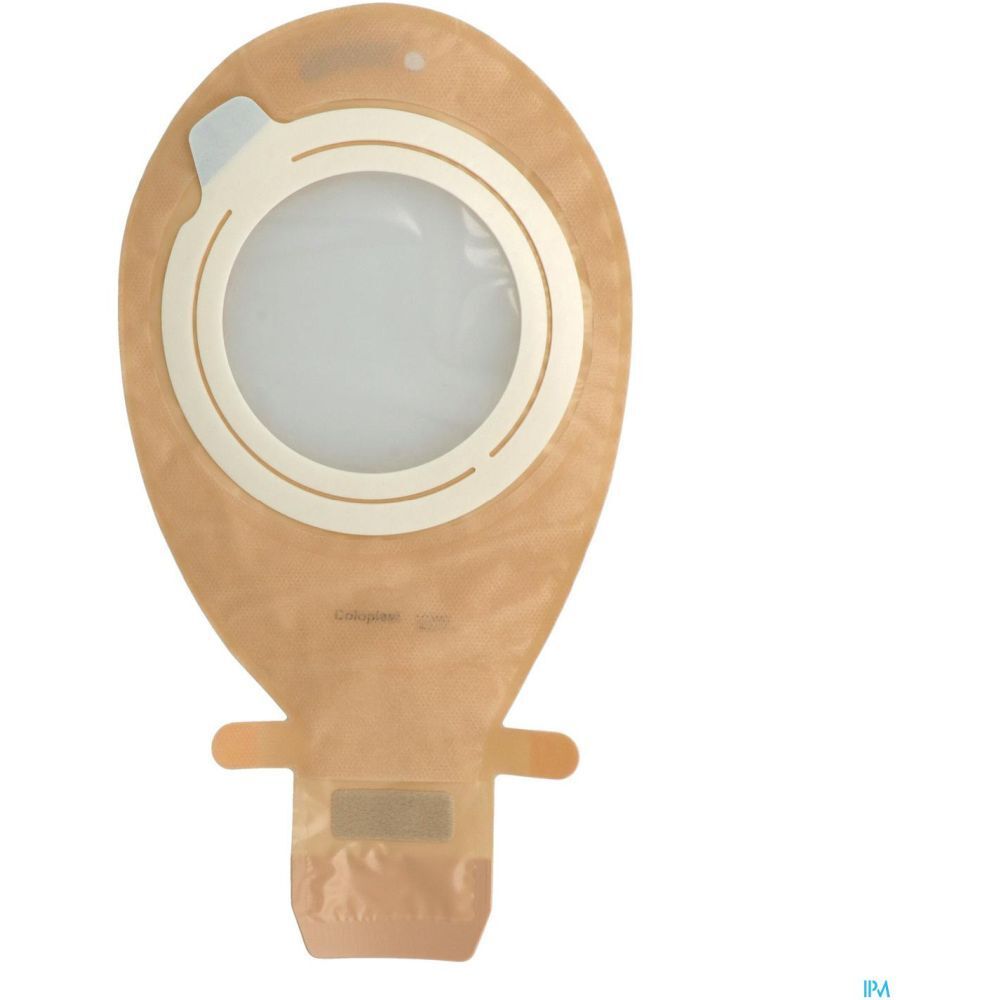 Poche médicale beige et transparente, avec anneau blanc et fermeture. Ouverture visible.