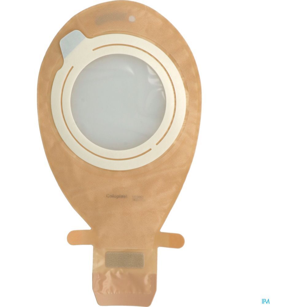 Poche médicale beige et transparente, avec anneau blanc et fermeture. Ouverture visible.