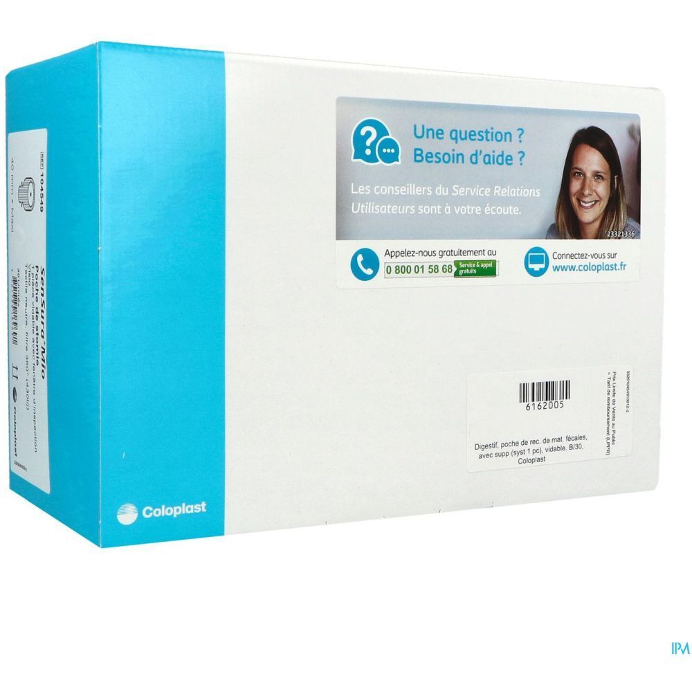 Emballage blanc et bleu. Logo Coloplast. Texte : "Une question ? Besoin d'aide ?" et coordonnées de contact.