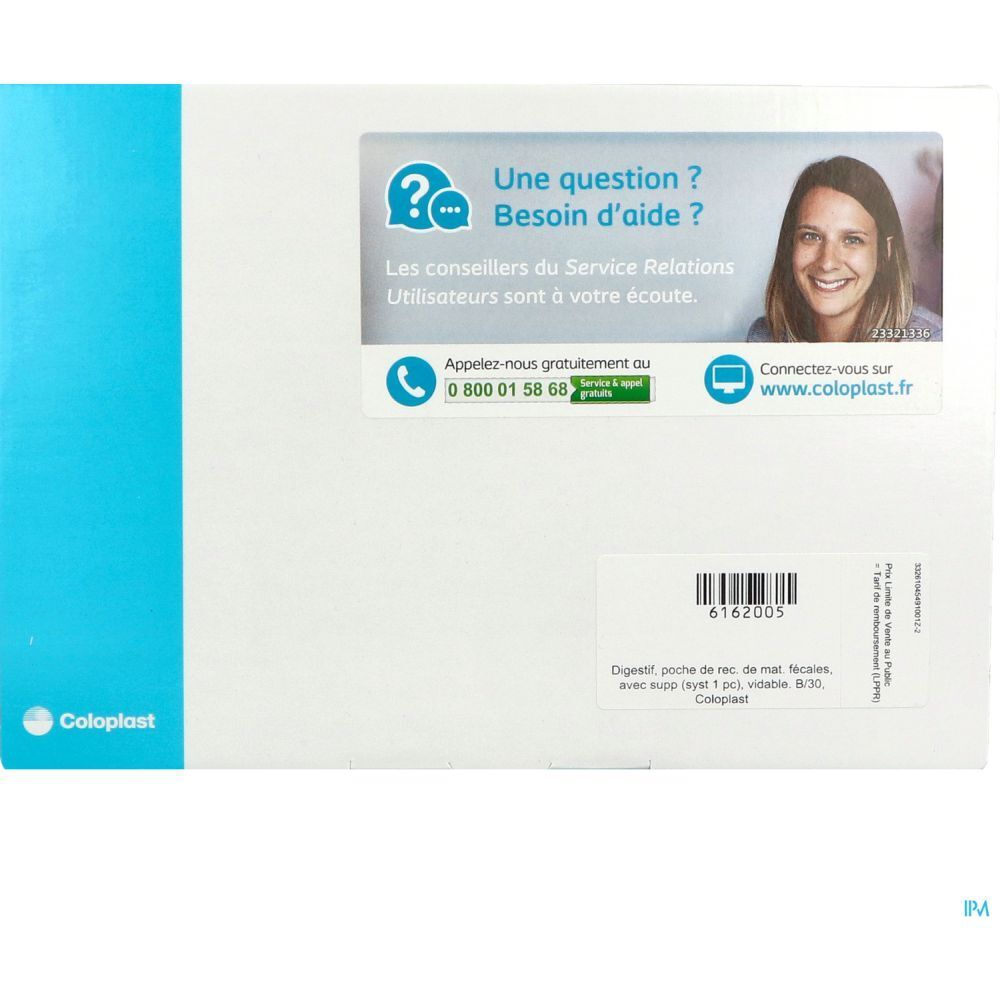Emballage blanc et bleu. Logo Coloplast. Texte : "Une question ? Besoin d'aide ?" et coordonnées de contact.
