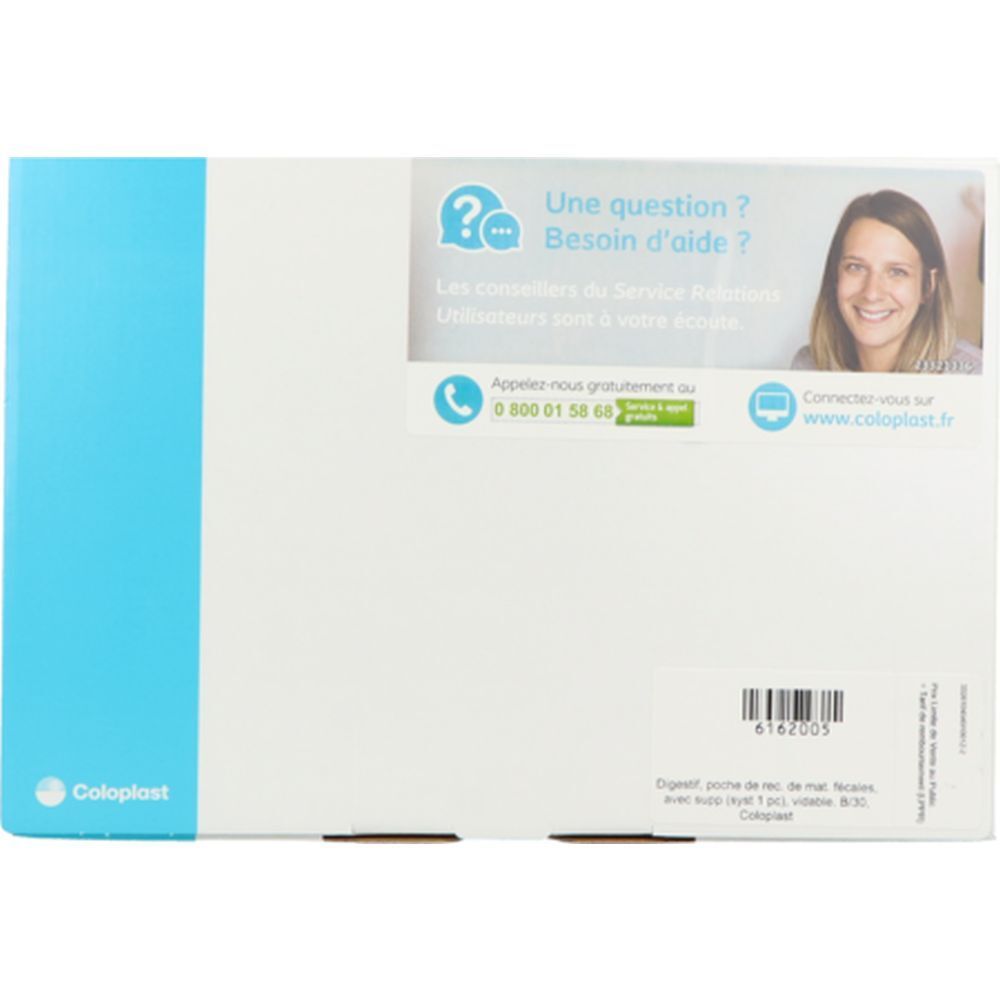 Emballage blanc et bleu. Texte: Coloplast. Autocollant avec informations de contact.