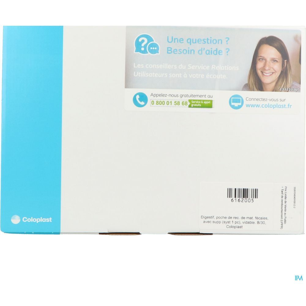 Emballage blanc et bleu. Texte: Coloplast. Autocollant avec informations de contact.