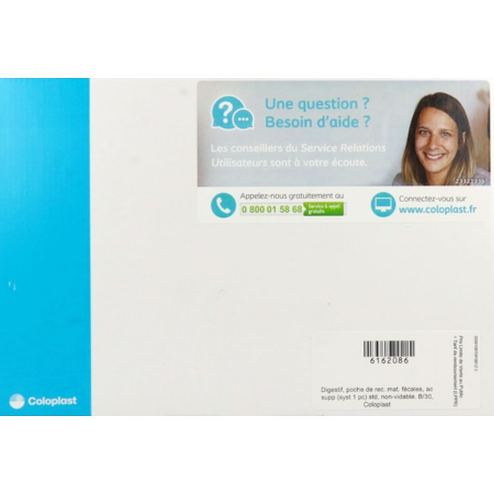 Emballage blanc et bleu. Texte: Coloplast, Besoin d'aide ? Informations de contact et code-barres.