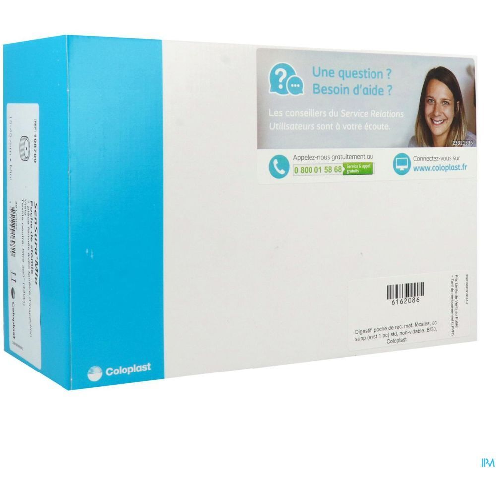 Emballage blanc et bleu. Texte: Coloplast, Besoin d'aide ? Informations de contact et code-barres.