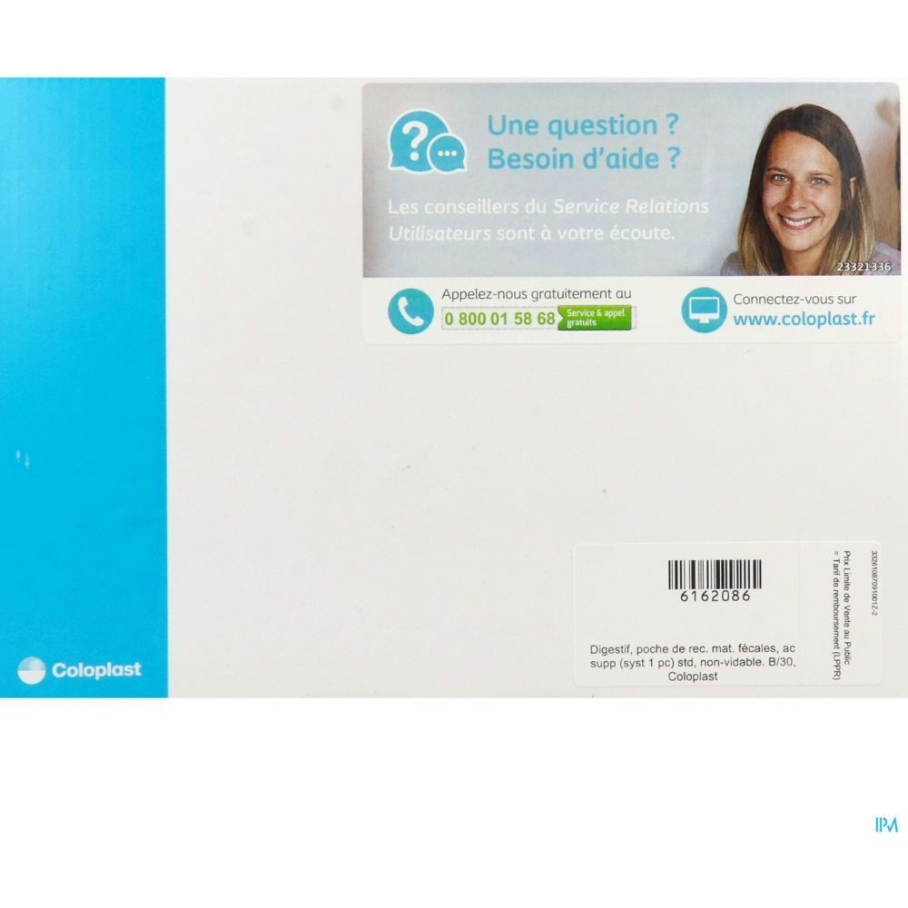 Emballage blanc et bleu. Texte: Coloplast, Besoin d'aide ? Informations de contact et code-barres.