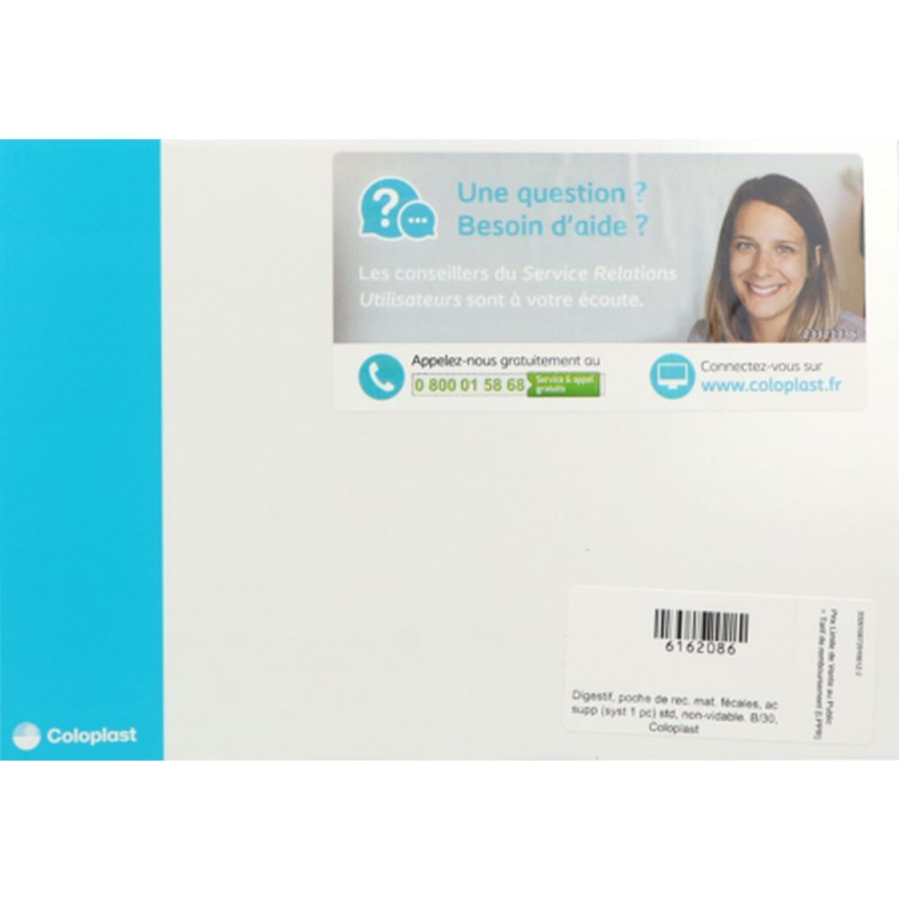 Emballage blanc avec bande bleue. Logo Coloplast. Autocollant avec informations de contact et description du produit.