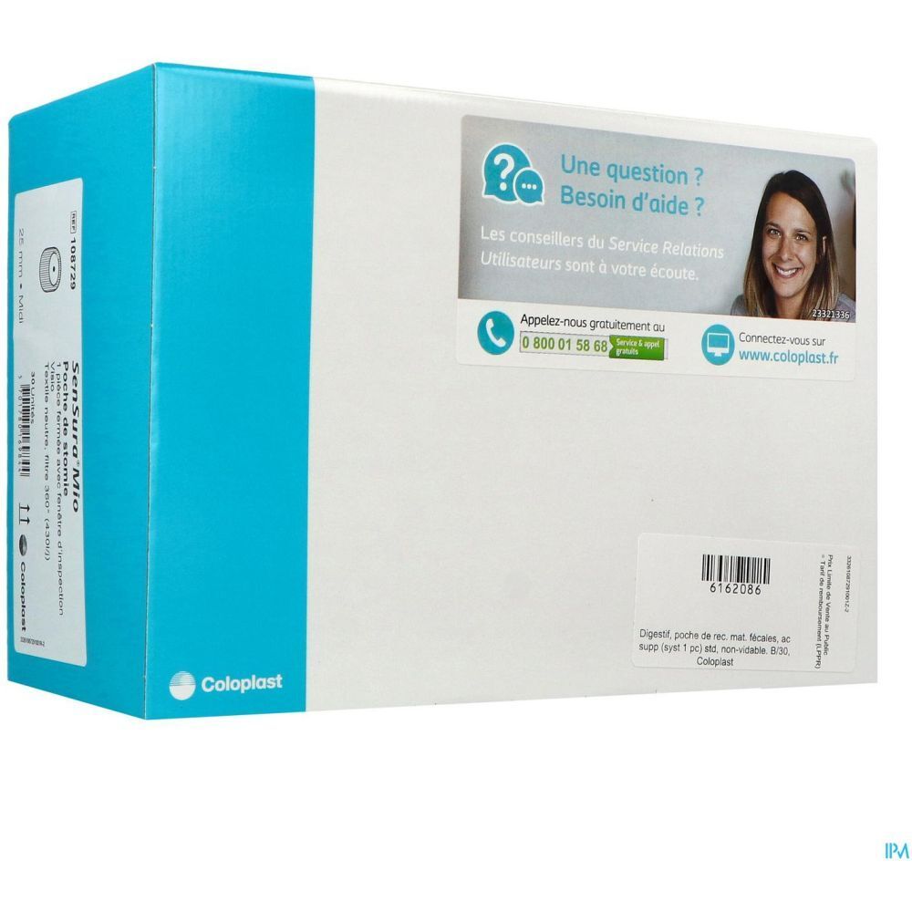 Boîte en carton avec bande bleue. Logo Coloplast. Autocollant avec informations de contact et description du produit.