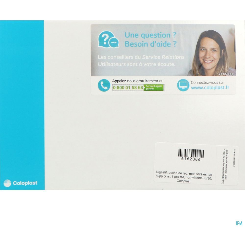 Emballage blanc avec bande bleue. Logo Coloplast. Autocollant avec informations de contact et description du produit.