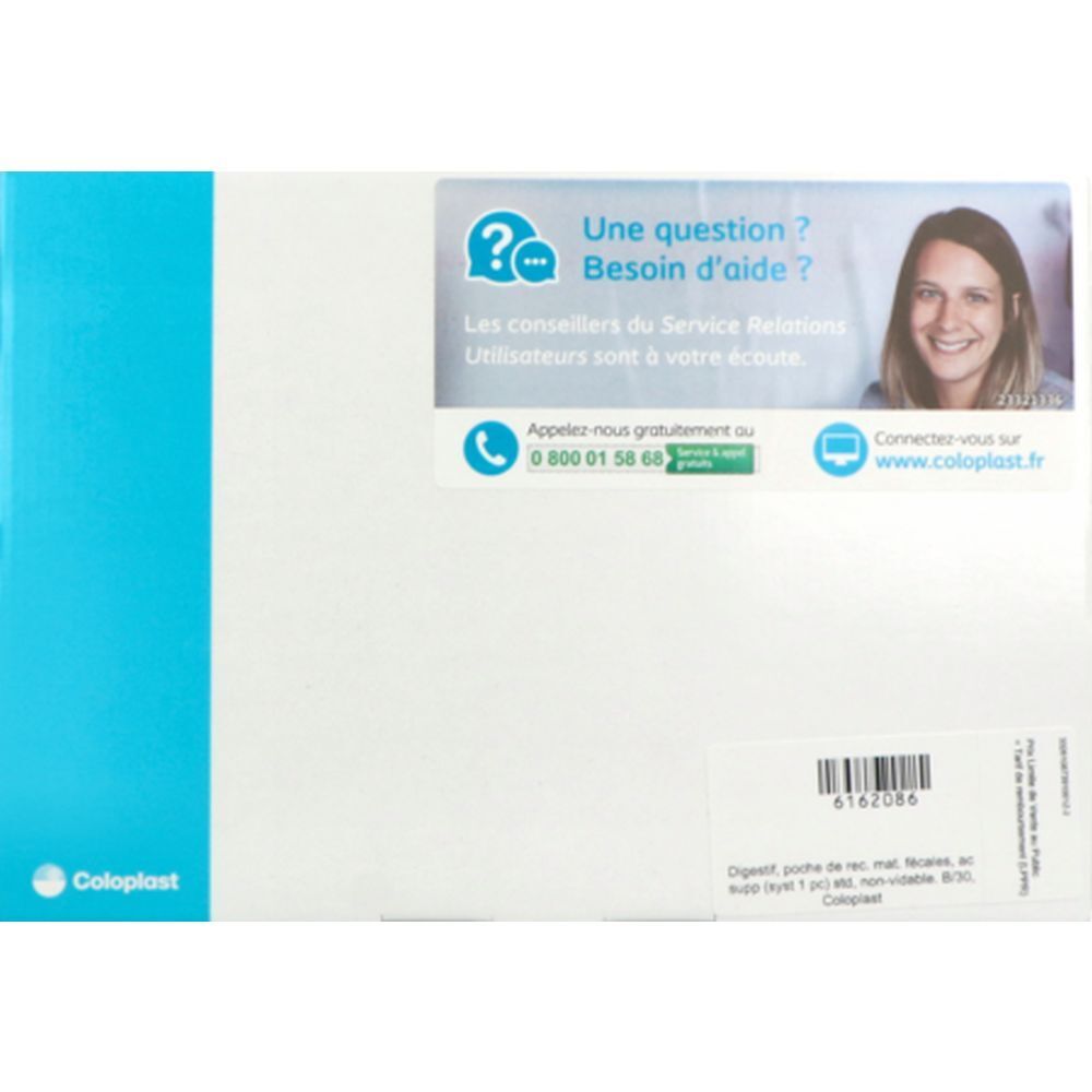 Emballage blanc avec bord bleu. Autocollant avec informations de contact et logo Coloplast. Texte : "Une question ? Besoin d'aide ?"