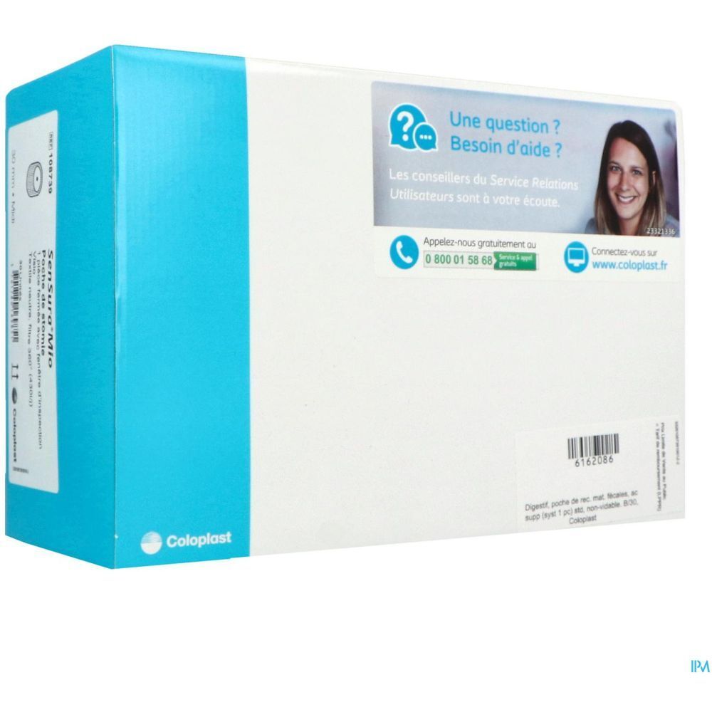 Emballage blanc avec bord bleu. Logo Coloplast. Autocollant avec informations de contact. Texte : "Une question ? Besoin d'aide ?" et "SENSURA MIO".