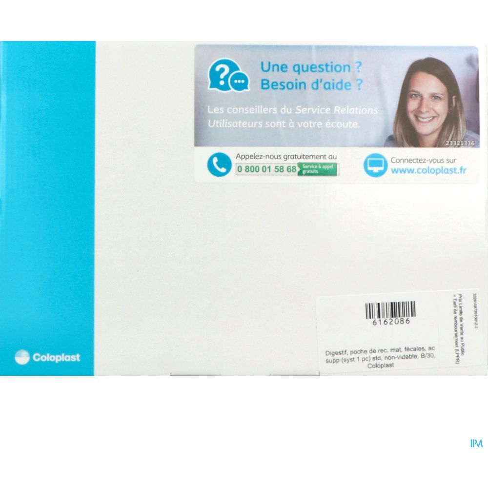 Emballage blanc avec bord bleu. Autocollant avec informations de contact et logo Coloplast. Texte : "Une question ? Besoin d'aide ?"