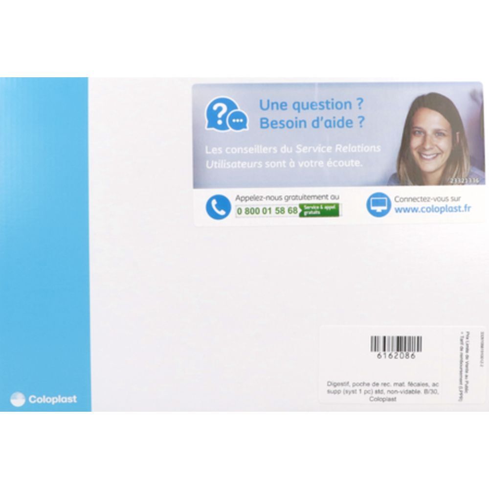 Emballage blanc avec bande bleue. Informations de contact et symbole de question. Marque: Coloplast.