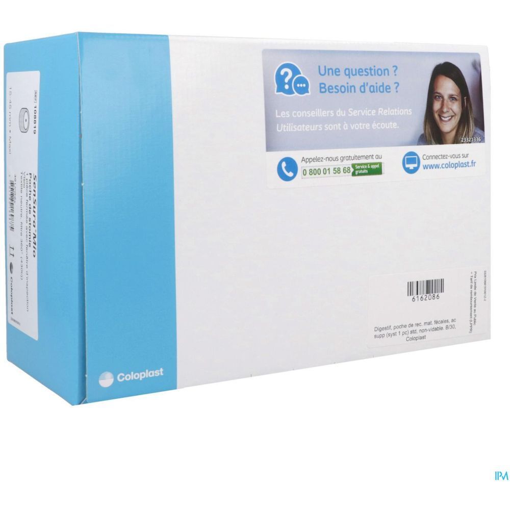 Emballage en carton avec bande bleue. Informations de contact et symbole de question. Marque: Coloplast.