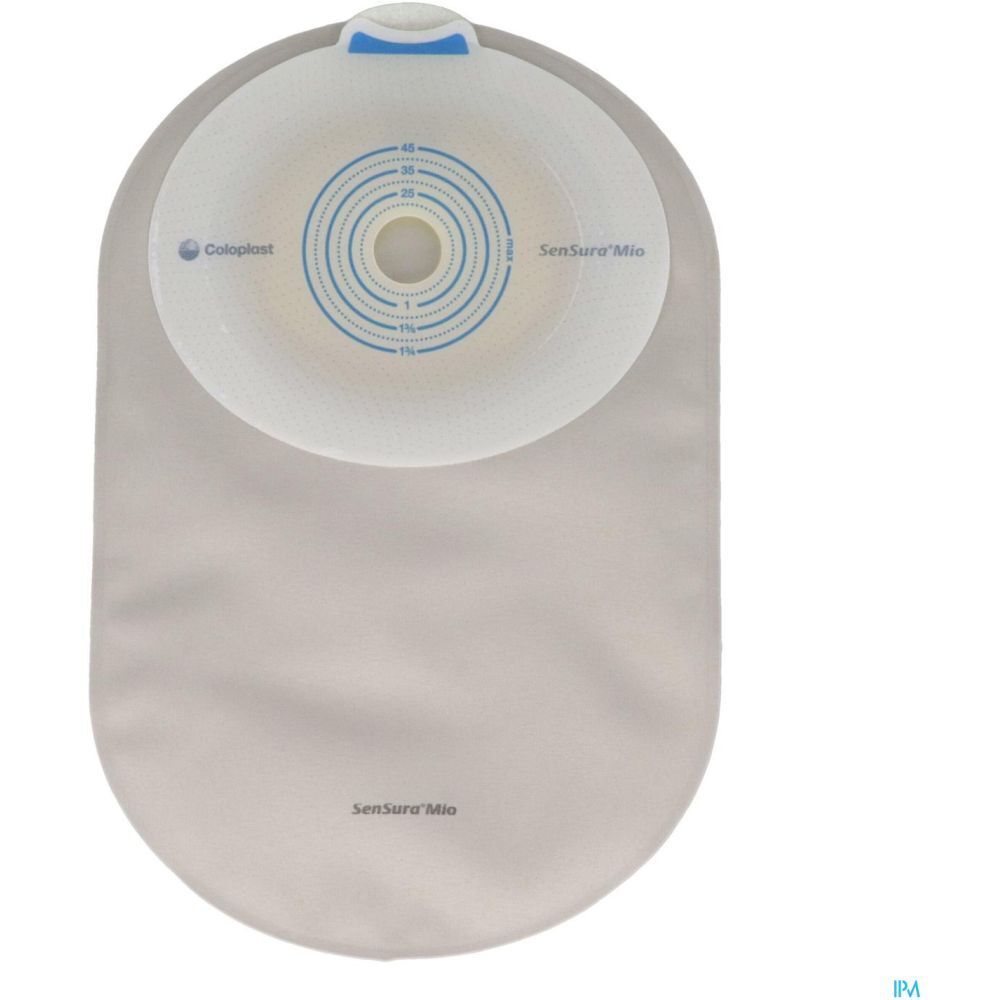 Poche avec bride adhésive blanche et ronde, poche gris clair. Échelle de mesure bleue. Marques: SenSura Mio, Coloplast.
