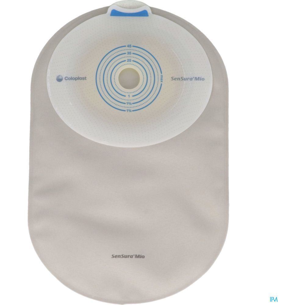 Poche avec bride adhésive blanche et ronde, poche gris clair. Échelle de mesure bleue. Marques: SenSura Mio, Coloplast.